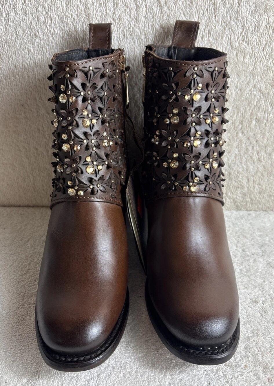 Cuadra Ladies Austrian Crystal Brown Leather Booties Size 6.5 M 74499